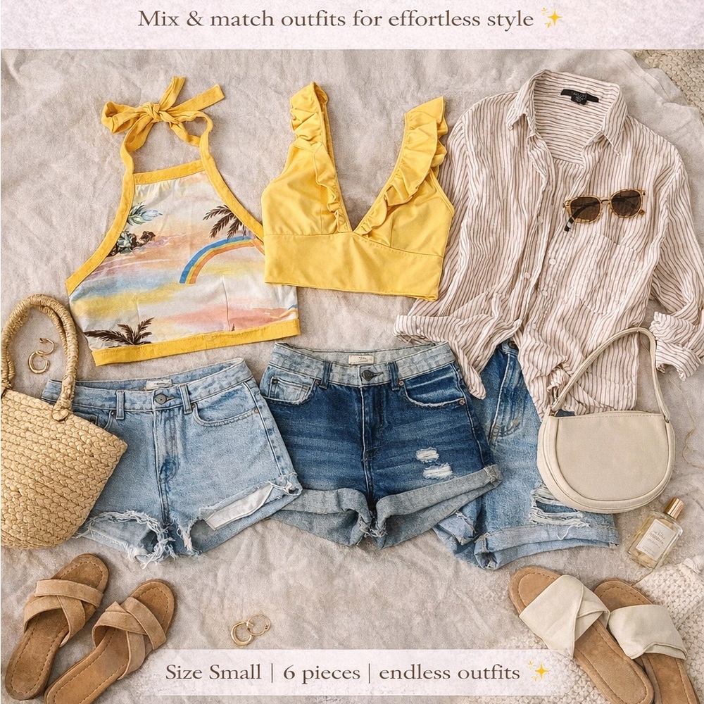 Summer Capsule Outfit 6 piece Bundle – Tops & Denim Shorts – Size S